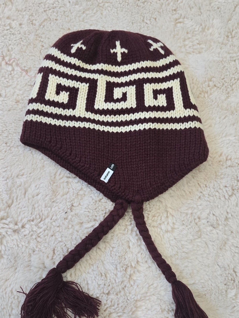 Autumn Cashmere Maroon and Cream Knit Earflap Hat